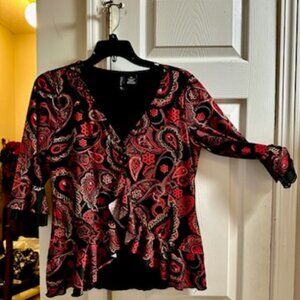 Dressy red and black blouse with sewn in silky, black tank top liner underneath